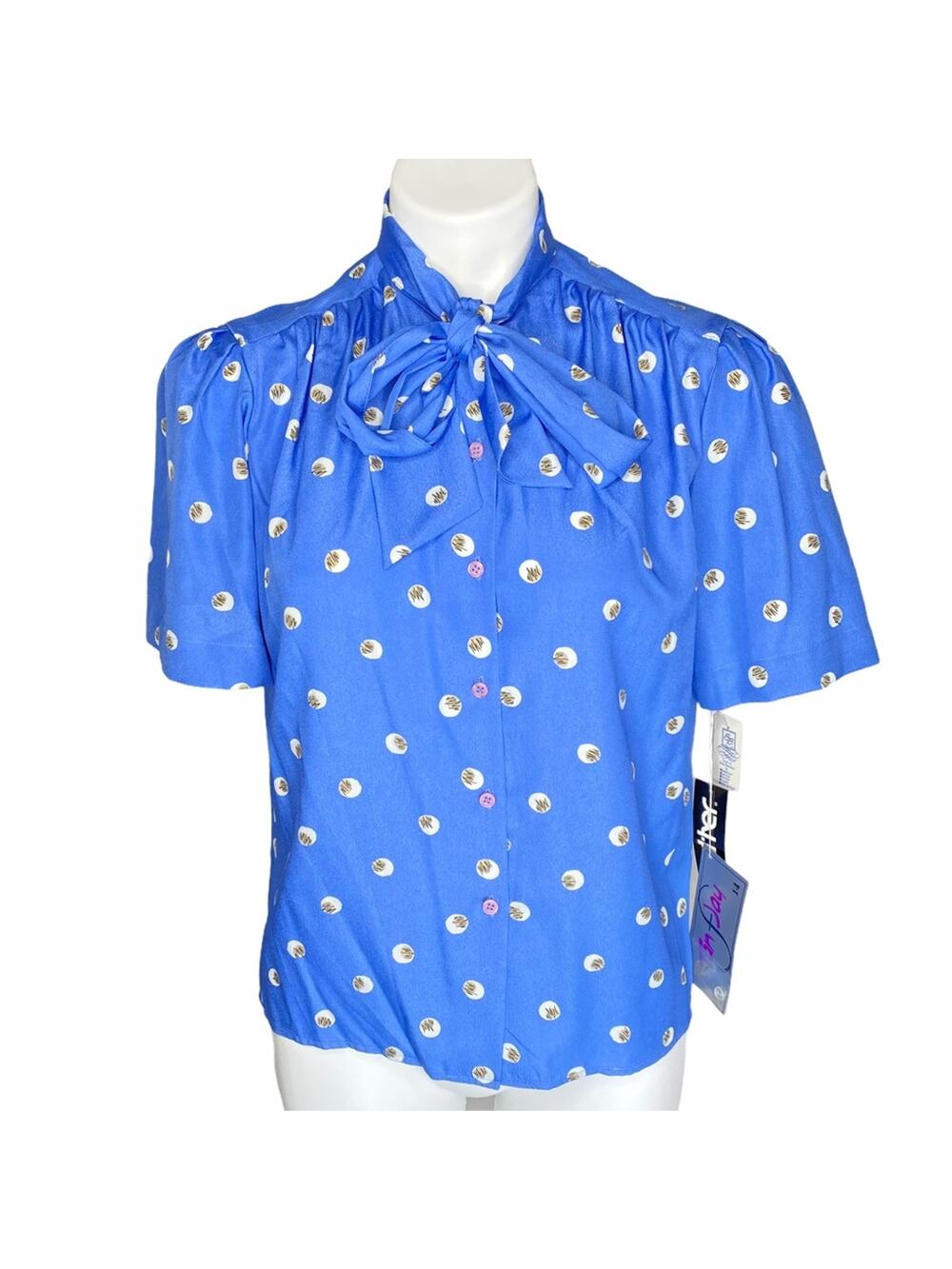 1980s Vintage Pant-Her Bow Neck Blouse Blue Polka Dot Print NWT Deadstock M
